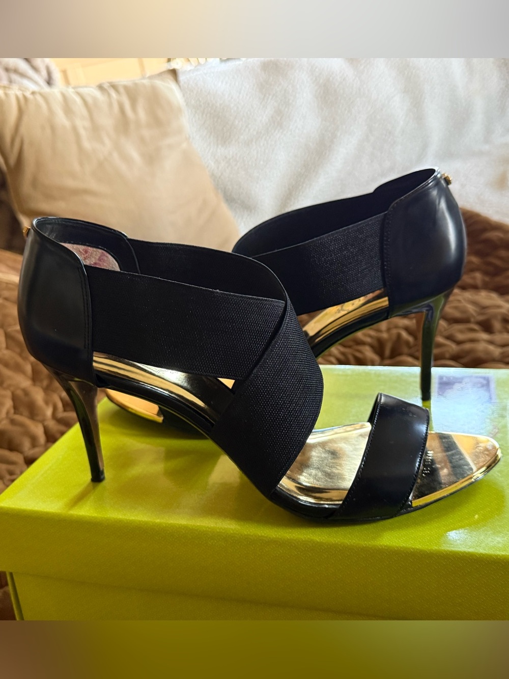 Ted Baker Leniya Black & Gold Crossover Strap Stiletto Heels – Size 10 / EU 41